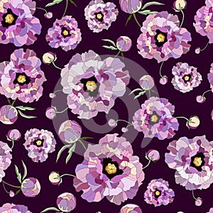 Seamless floral vector pattern peony. Drawn vintage flowers peonies branches, bouquets on purple background. vector illustration