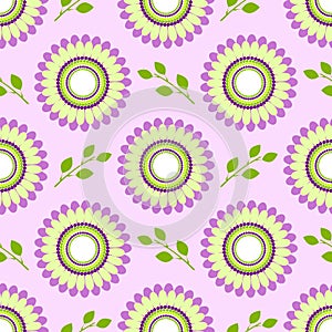 Seamless floral vector pattern, symmetrical background with colorful flowers and green leaves, over light violet backdrop