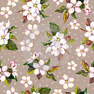 Seamless floral wallpaper with aquarelle painted spring cherry or apple flowers on brown background dots design