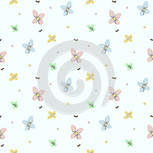 Seamless flower and bee pattern. Colorful flowers with cute bee. Vector illustration.