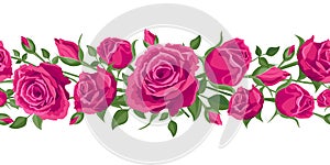 Seamless flower garland. Hot pink roses with leaves. Vector illustration, decoration, garland on a white background. Bright