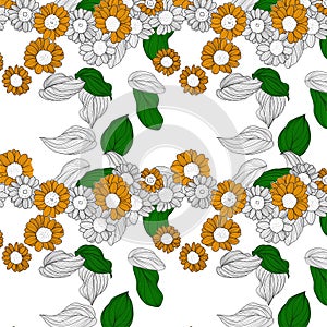 seamless flower and leaf pattern on white background.