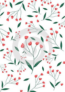 Seamless flower pattern, red and green with white background. Simple, beauty and sweet.