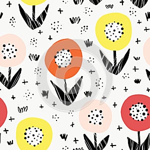 Seamless flower vector pattern. Bold florals Scandinavian flat style repeating background. Botanical minimalistic doodle