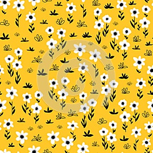 Seamless flower vector pattern white gold yellow black. Bold florals Scandinavian flat style repeating background