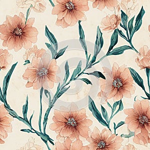 Seamless flowers and leaves wallpaper pattern on old yellowed paper