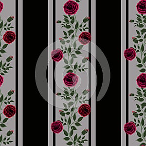 Seamless flowers pattern on black in the grey bar background