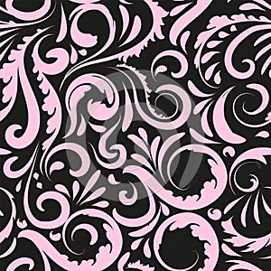 Seamless flowers pattern, curls, curls black and pink background print