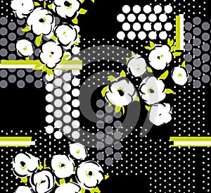 Seamless Flowers Pattern with Dots and Lines Ready for Textile Prints.