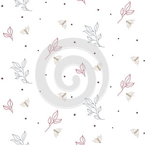 Seamless foliage and moths pattern with tiny small leaves on white.