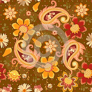 Seamless folk floral and paisley pattern in yellow,dark green and brown tones. Indian, turkish, damask, russian motifs.