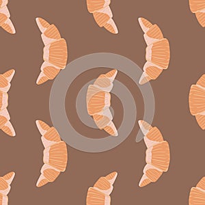 Seamless food pattern with croissants ornament. Delicious motning breakfast elements on brown light background