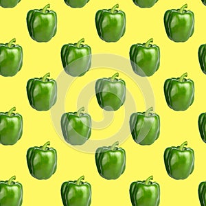 Seamless food pattern. Green sweet bell pepper on a yellow background. Vegetable, healthy ingredient. Bulgarian paprika