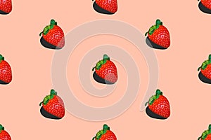 Seamless food pattern from ripe strawberries on pink background. Healthy plant based diet vegan lifestyle beauty concept. Pop art