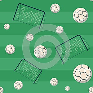 Seamless football pattern with soccer goals and balls on a green background. Illustration vector graphic of football