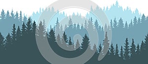 Seamless forest on mountains, silhouette. Beautiful landscape, fir trees. Vector illustration