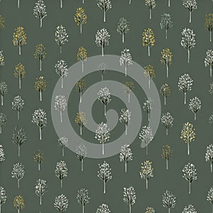 Seamless Forest Pattern with Stylized Trees on Dark Green Background.