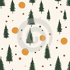 Seamless Forest Pattern with Trees and Circles in Green and Orange Tones.