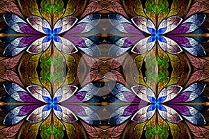 Seamless fractal pattern in stained-glass window style. Blue,