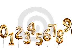 Seamless frame with golden foil balloons digits 0-9. Hand drawn watercolor birthday party numbers zero, one, two, three