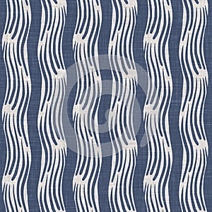 Seamless French country kitchen stripe fabric pattern print. Blue white vertical striped background. Batik dye provence