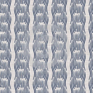 Seamless French country kitchen stripe fabric pattern print. Blue white vertical striped background. Batik dye provence