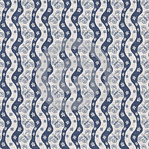 Seamless French country kitchen stripe fabric pattern print. Blue white vertical striped background. Batik dye provence