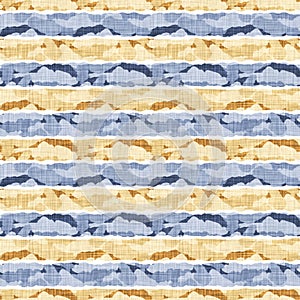 Seamless French country kitchen stripe fabric pattern print. Blue yellow white horizontal striped background. Batik dye
