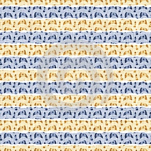 Seamless French country kitchen stripe fabric pattern print. Blue yellow white horizontal striped background. Batik dye