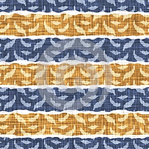 Seamless French country kitchen stripe fabric pattern print. Blue yellow white horizontal striped background. Batik dye