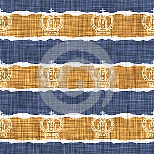 Seamless French country kitchen stripe fabric pattern print. Blue yellow white horizontal striped background. Batik dye