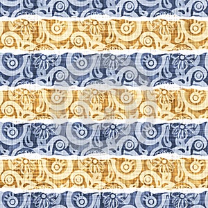 Seamless French country kitchen stripe fabric pattern print. Blue yellow white horizontal striped background. Batik dye