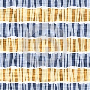 Seamless French country kitchen stripe fabric pattern print. Blue yellow white horizontal striped background. Batik dye