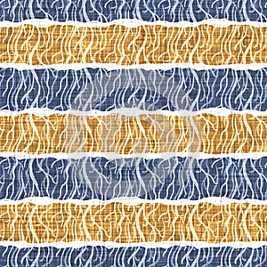 Seamless French country kitchen stripe fabric pattern print. Blue yellow white horizontal striped background. Batik dye