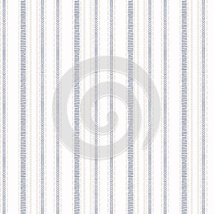 Seamless French country kitchen stripe fabric pattern print. Blue yellow white vertical striped background. Batik dye