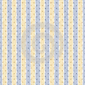 Seamless French country kitchen stripe fabric pattern print. Blue yellow white vertical striped background. Batik dye