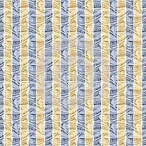 Seamless French country kitchen stripe fabric pattern print. Blue yellow white vertical striped background. Batik dye