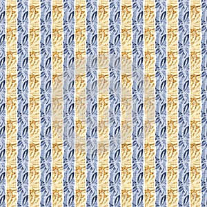 Seamless French country kitchen stripe fabric pattern print. Blue yellow white vertical striped background. Batik dye