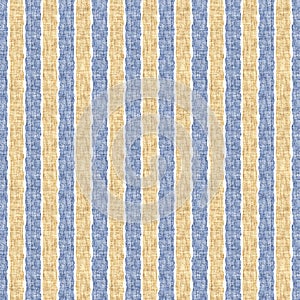 Seamless French country kitchen stripe fabric pattern print. Blue yellow white vertical striped background. Batik dye