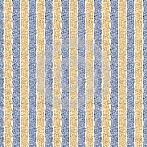 Seamless French country kitchen stripe fabric pattern print. Blue yellow white vertical striped background. Batik dye