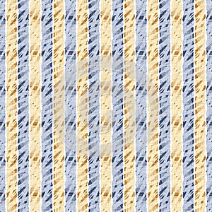 Seamless French country kitchen stripe fabric pattern print. Blue yellow white vertical striped background. Batik dye