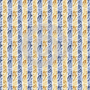 Seamless French country kitchen stripe fabric pattern print. Blue yellow white vertical striped background. Batik dye