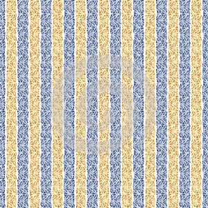 Seamless French country kitchen stripe fabric pattern print. Blue yellow white vertical striped background. Batik dye