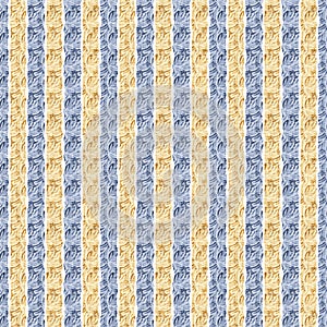 Seamless French country kitchen stripe fabric pattern print. Blue yellow white vertical striped background. Batik dye