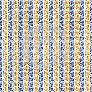 Seamless French country kitchen stripe fabric pattern print. Blue yellow white vertical striped background. Batik dye