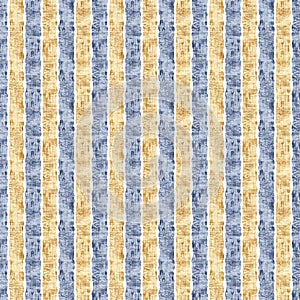 Seamless French country kitchen stripe fabric pattern print. Blue yellow white vertical striped background. Batik dye