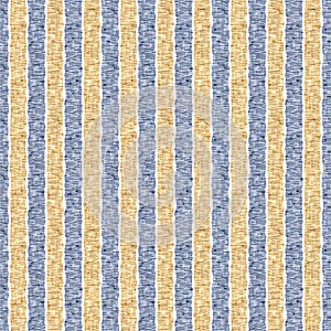 Seamless French country kitchen stripe fabric pattern print. Blue yellow white vertical striped background. Batik dye