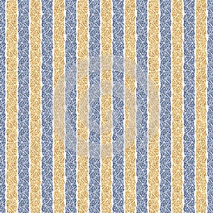 Seamless French country kitchen stripe fabric pattern print. Blue yellow white vertical striped background. Batik dye