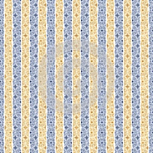 Seamless French country kitchen stripe fabric pattern print. Blue yellow white vertical striped background. Batik dye