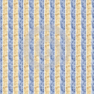 Seamless French country kitchen stripe fabric pattern print. Blue yellow white vertical striped background. Batik dye